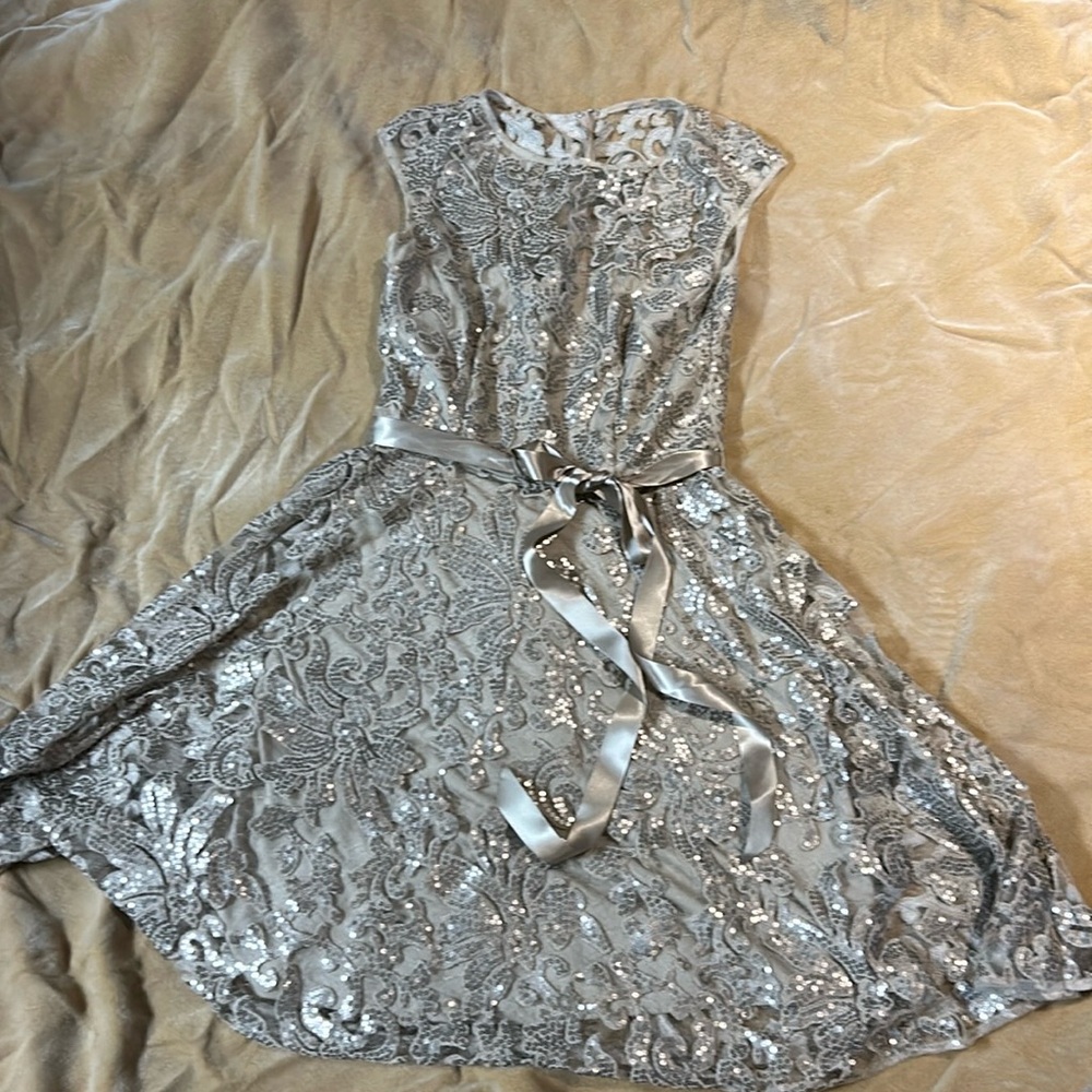 nude slip dress with champagne overlay